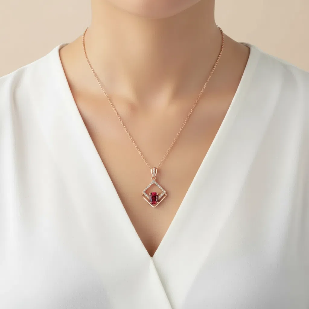 Lustrous Rhombic Garnet Pendant Necklace